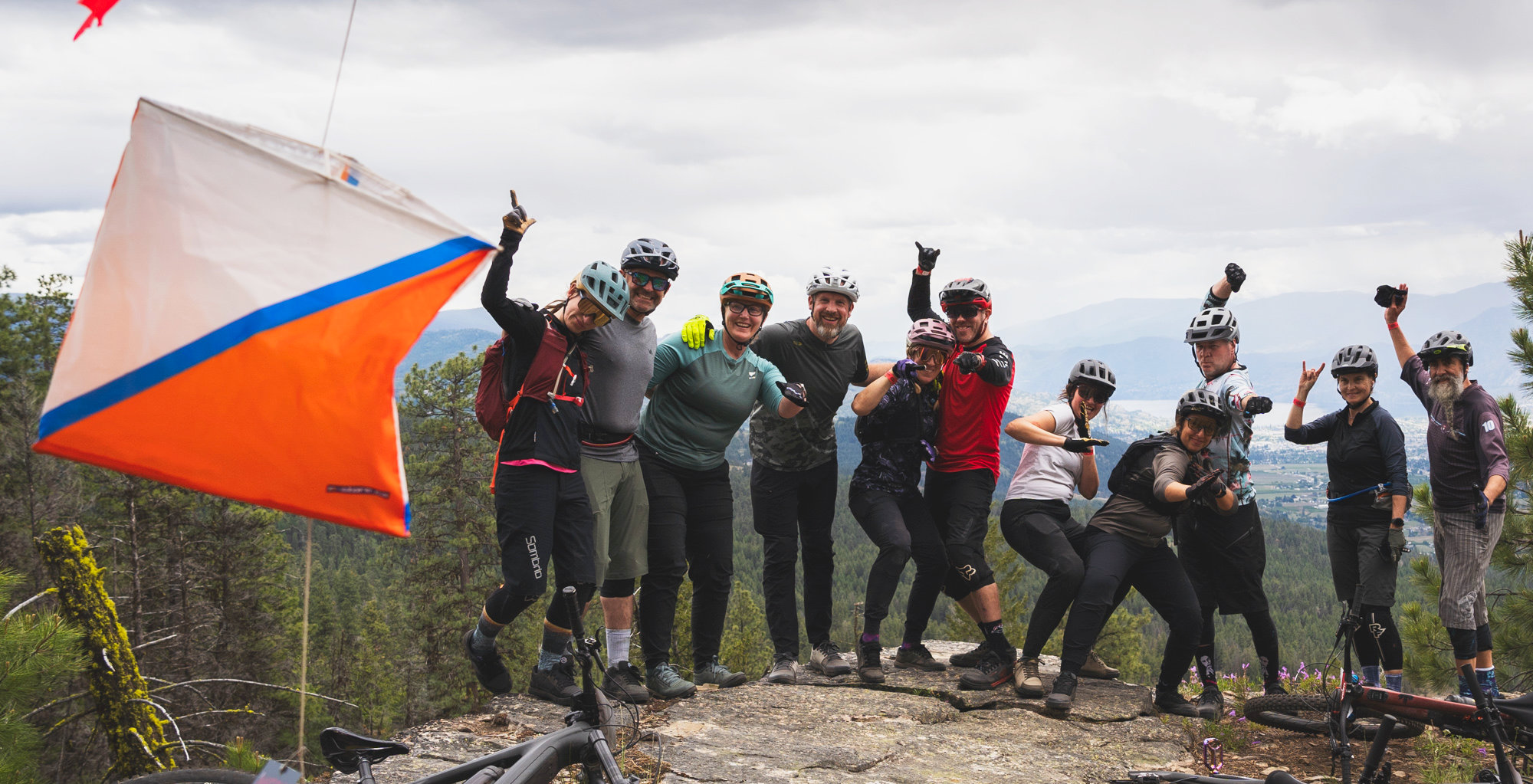 group of mountain bikers goofing around